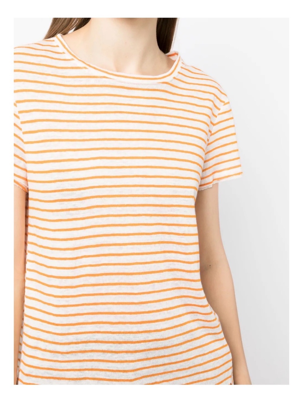 $248 FRAME Easy True Stripe 100% Organic Linen T-Shirt Tee Nectarine Multi S - Picture 4 of 9